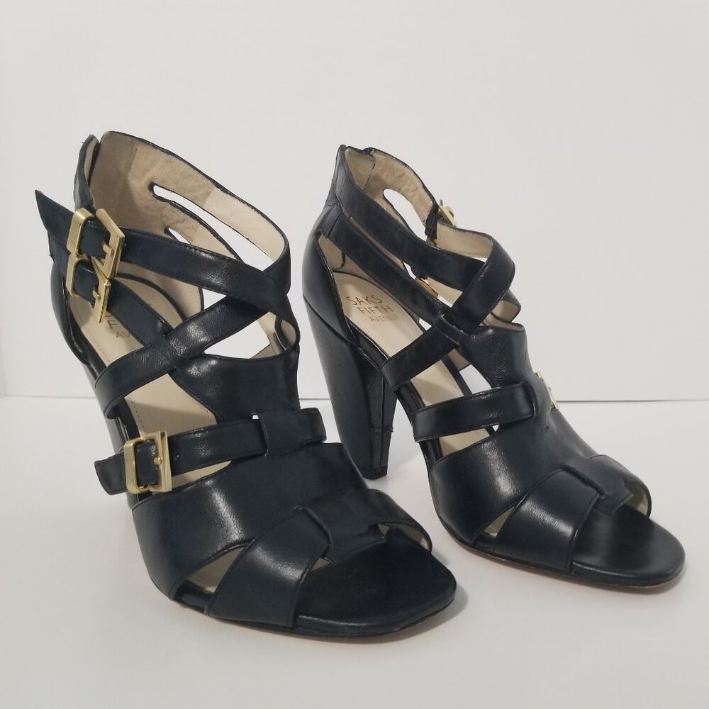 Black Leather Heels Saks Fifth Avenue Strappy Zip Open Toe Women's Size 6 Shoes